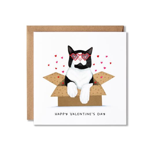 A square Valentine's Day greeting card with a kraft envelope behind it. The card features an illustration of a black-and-white cat wearing red heart-shaped glasses, sitting in an open cardboard box with small red hearts floating around it, and the text 'HAPPY VALENTINE'S DAY' printed below.