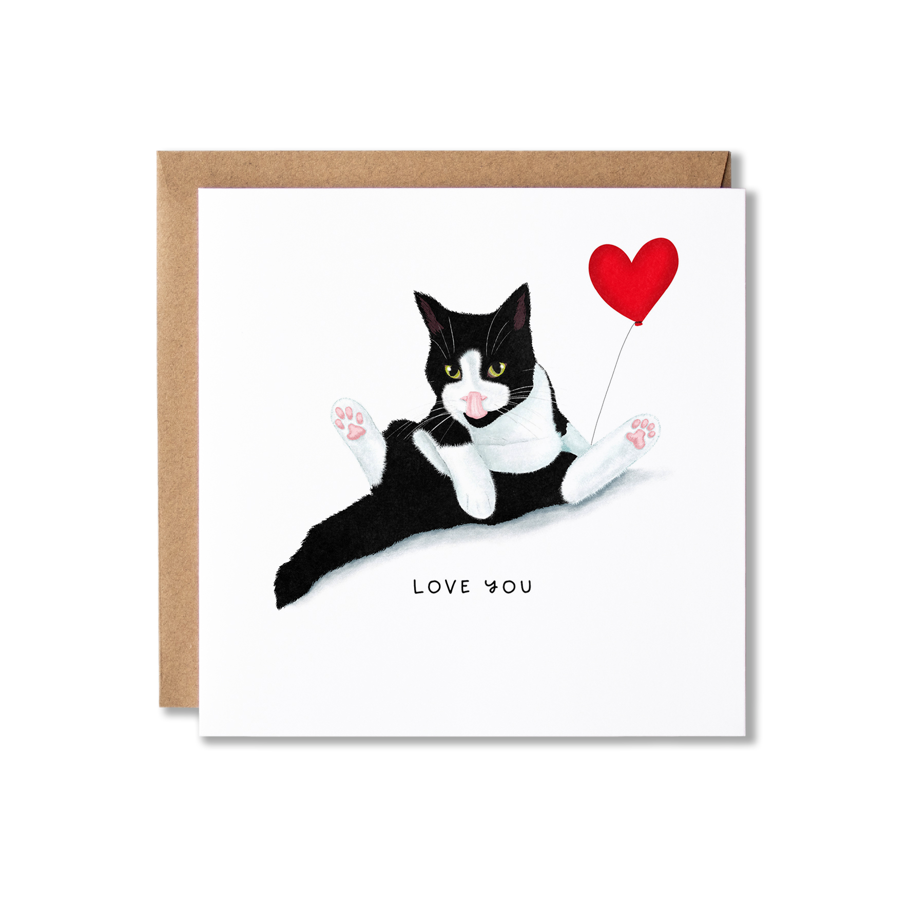 Valentine's Day card with illustration of a black and white cat sat in a funny position having a wash holding a red heart balloon with the message Happy Valentine's Day.