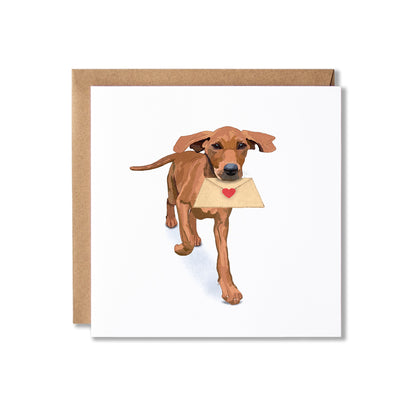 A square greeting card with a brown envelope behind it, featuring an illustration of a brown dog holding a beige envelope with a small red heart on a white card background.