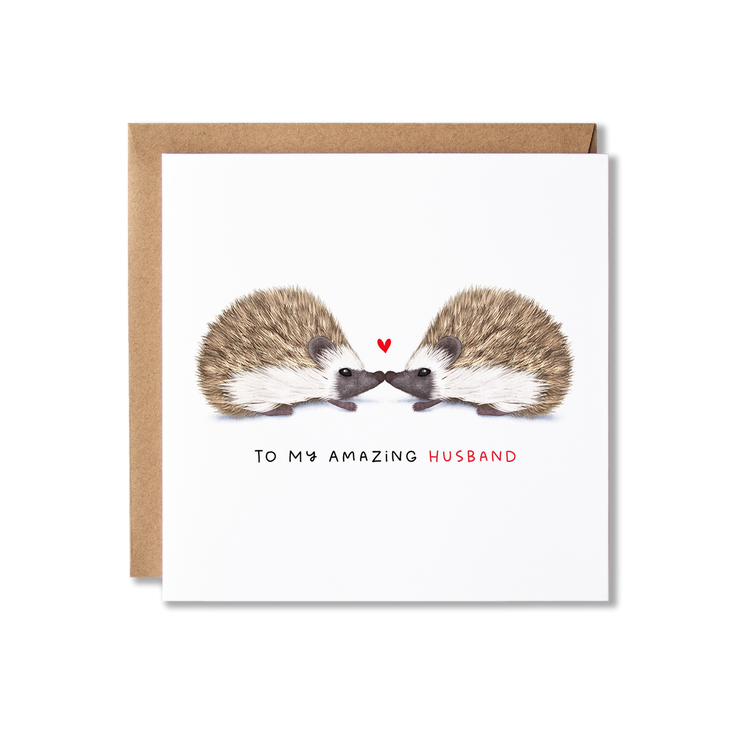 Greeting card with illustration of a couple of hedgehogs looking at each other and a heart shape in between them with the message To My Amazing Husband.