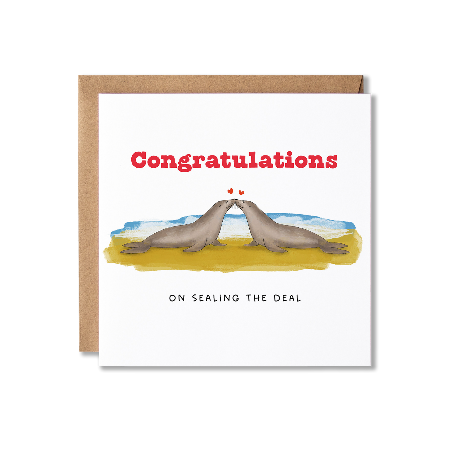 Wedding card with illustration of two seals on a beach with the message Congratulations of Sealing the Deal.