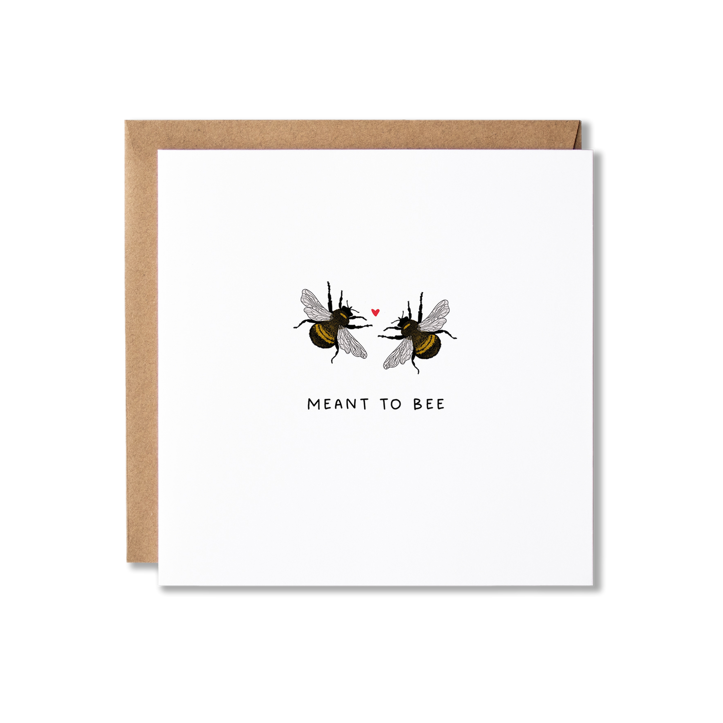 Wedding card with illustration of two bees and a small heart shape in between them with the message Meant to Bee underneath.