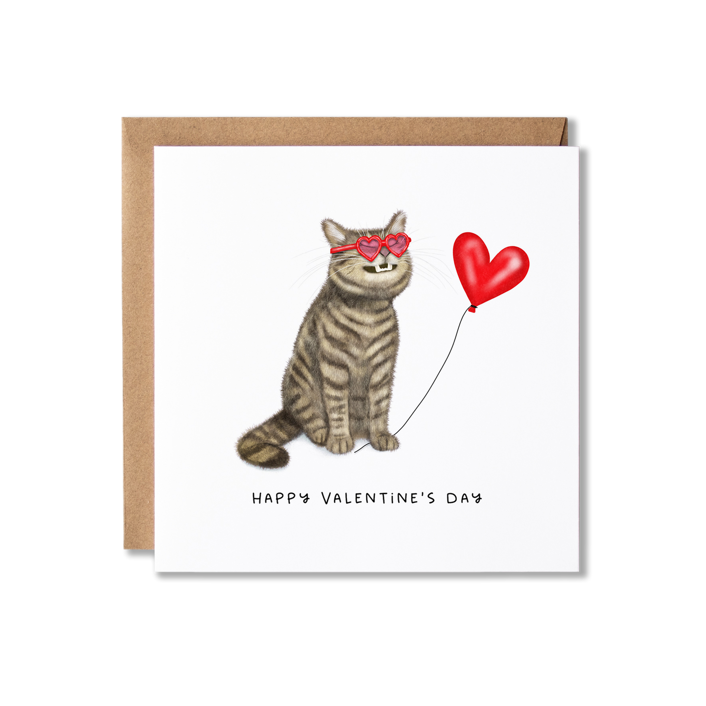 Tabby cat sat, wearing red heart shaped glasses, smiling, holding a red heart balloon with the words Happy Valentine's Day underneath.