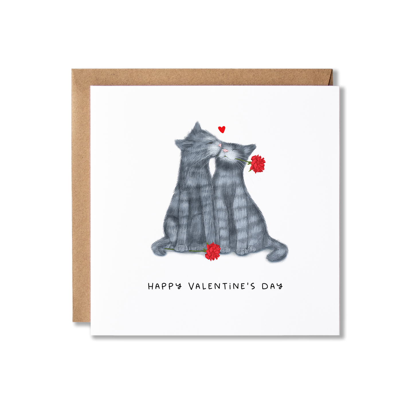 Illustration of a pair of grey tabby cats kissing with red roses and the words Happy Valentine's Day underneath.