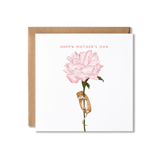 Mother's Day card with illustration of a mouse holding on to the stem of a single pink rose with the message Happy Mother's Day.