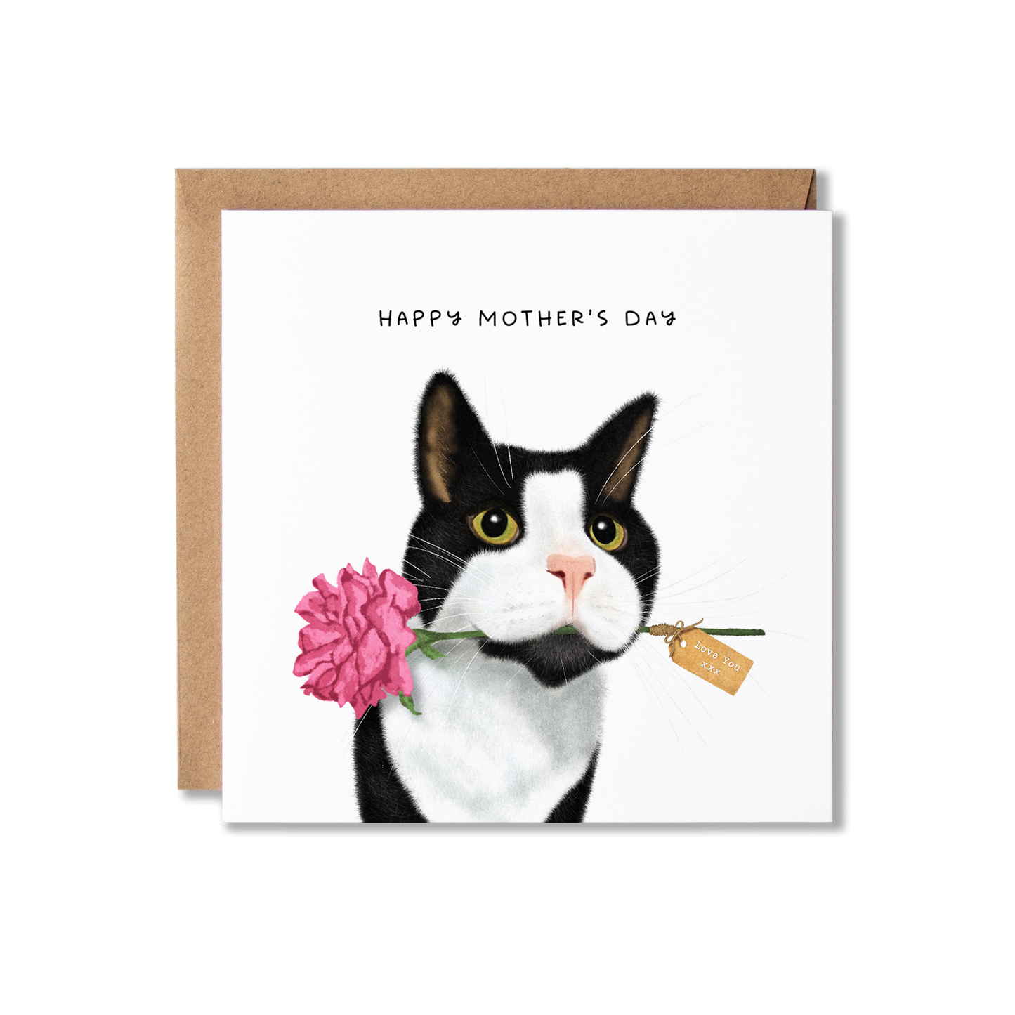 Mother's Day card with illustration of a black and white cat holding a pink rose in it's mouth with a brown paper tag on that says Love you xx and the message Happy Mother's Day.