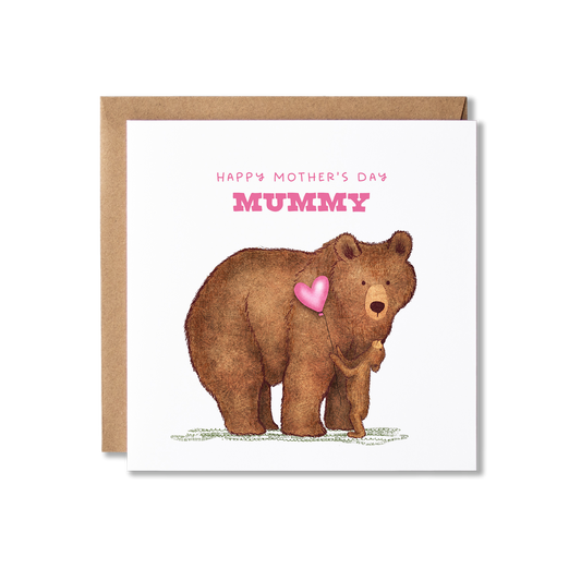 Mother's Day card with illustration of a mummy bear with a baby cub standing in front of her looking up to her holding a pink heart ballon and the message Happy Mother's Day Mummy in pink.