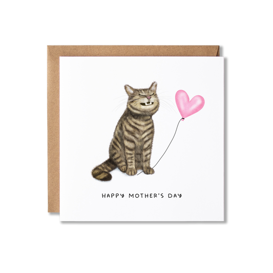 Mother's Day card with illustration of a tabby cat sat grinning  holding a pink heart ballon the message Happy Mother's Day.