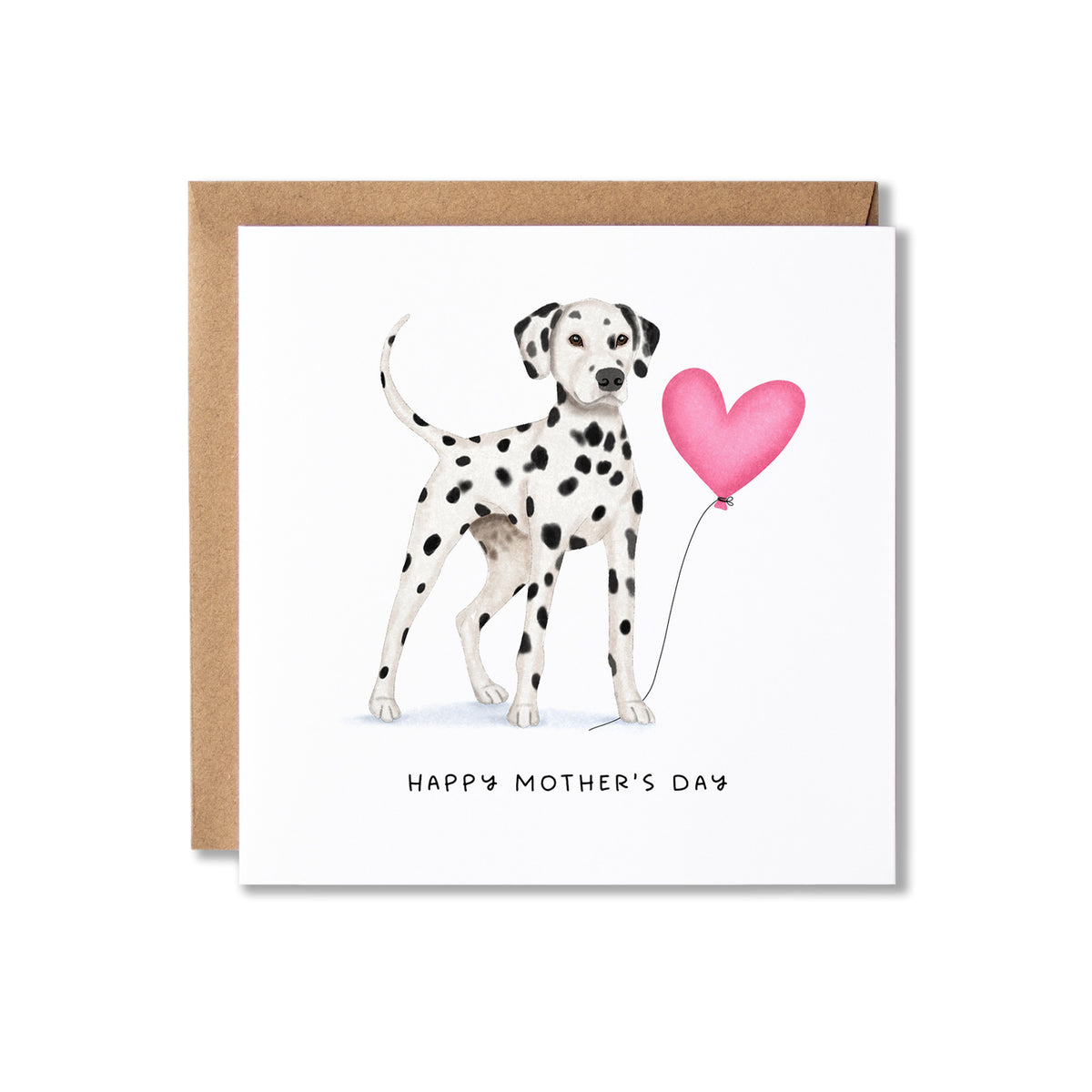 A square Mother's Day greeting card with a brown kraft envelope behind it. The card features an illustration of a Dalmatian dog holding a pink heart-shaped balloon, with the text 'HAPPY MOTHER'S DAY' printed below.