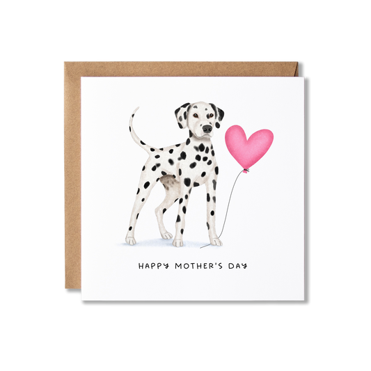 Mother's Day card with illustration of  a Dalmatian dog standing holding a pink heart ballon and the message Happy Mother's Day.