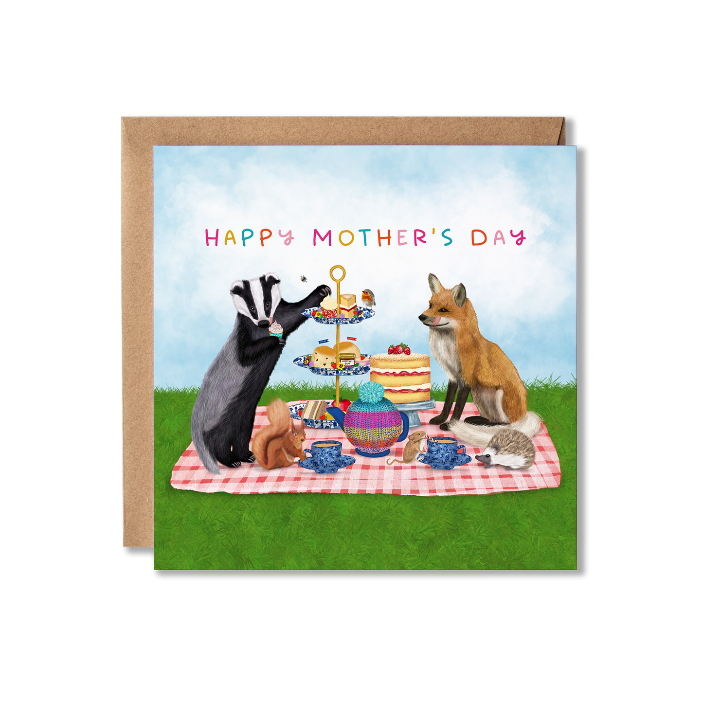 Mother's Day card with illustration of a group of British woodland animals, badger, fox, hedgehog, red squirrel, mouse and a robin having afternoon tea picnic with the message Happy Mother's Day.