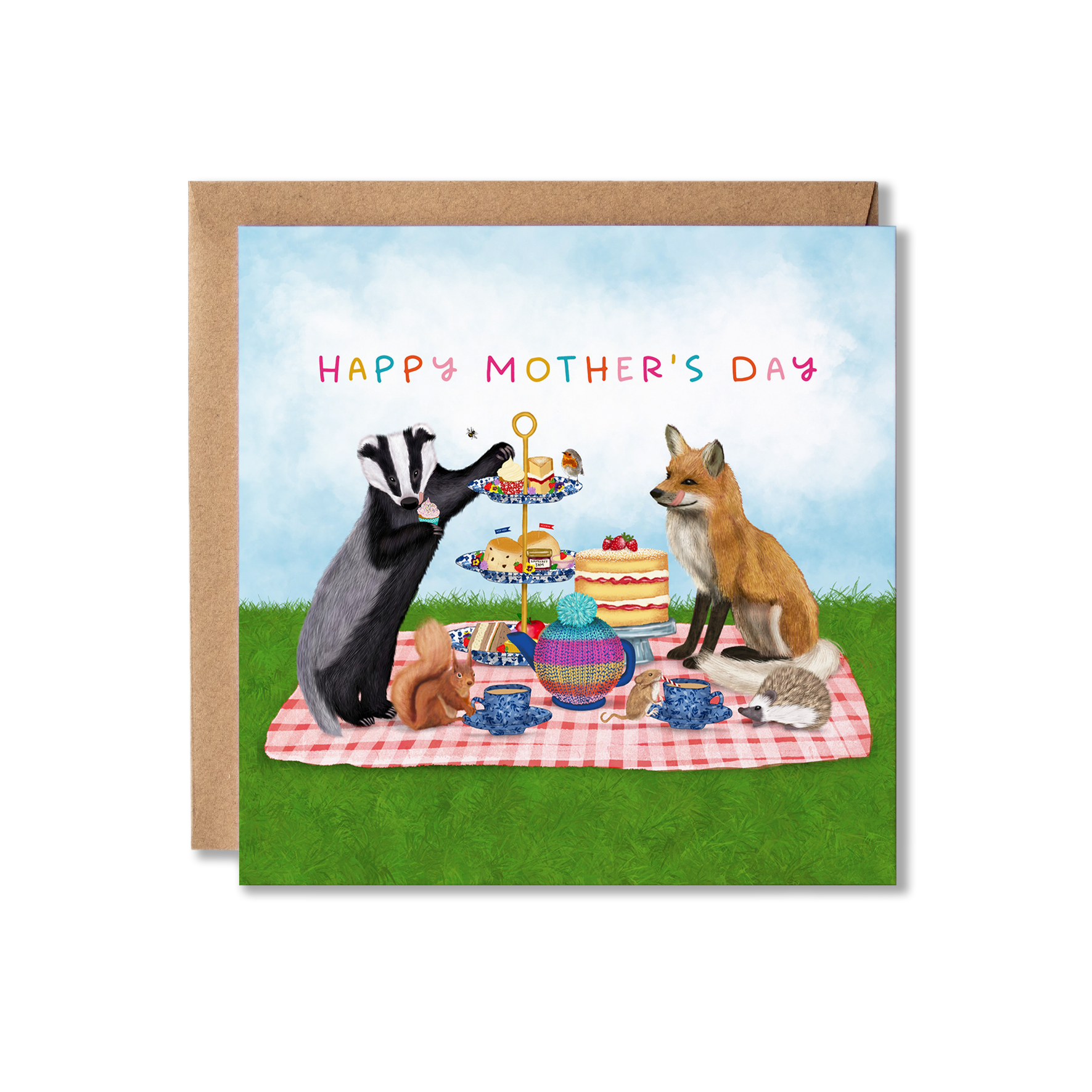 Mother's Day card with illustration of a group of British woodland animals, badger, fox, hedgehog, red squirrel, mouse and a robin having afternoon tea picnic with the message Happy Mother's Day.