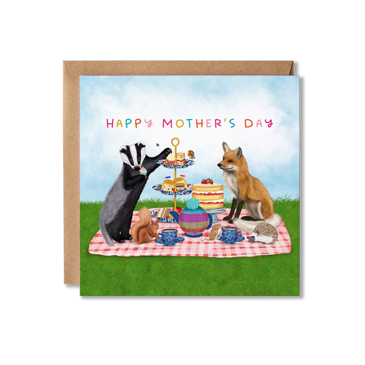 Mother's Day card with illustration of a group of British woodland animals, badger, fox, hedgehog, red squirrel, mouse and a robin having afternoon tea picnic with the message Happy Mother's Day.