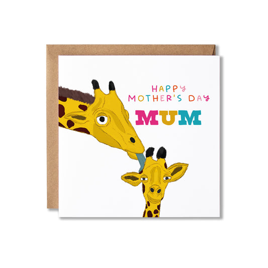 A square Mother's Day greeting card with a kraft envelope, featuring a cartoon mother and baby giraffe and the text 'Happy Mother's Day Mum' in colorful lettering.