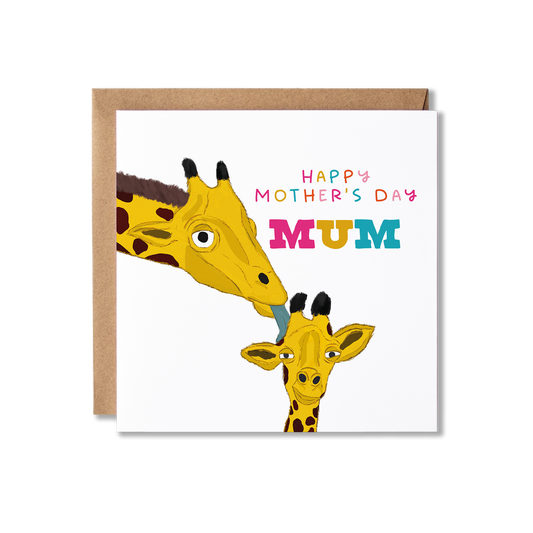 Mother's Day card with illustration of an adult giraffe licking a baby giraffe on the head with the message Happy Mother's Day Mum in colourful letters.