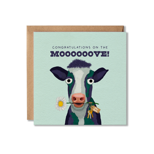 New Home card with illustration of a a cow with a daisy flowe in it's mouth with a tag attached to it that has New Home on it and keys dangling with the message Congratualtions on the Moooooove.