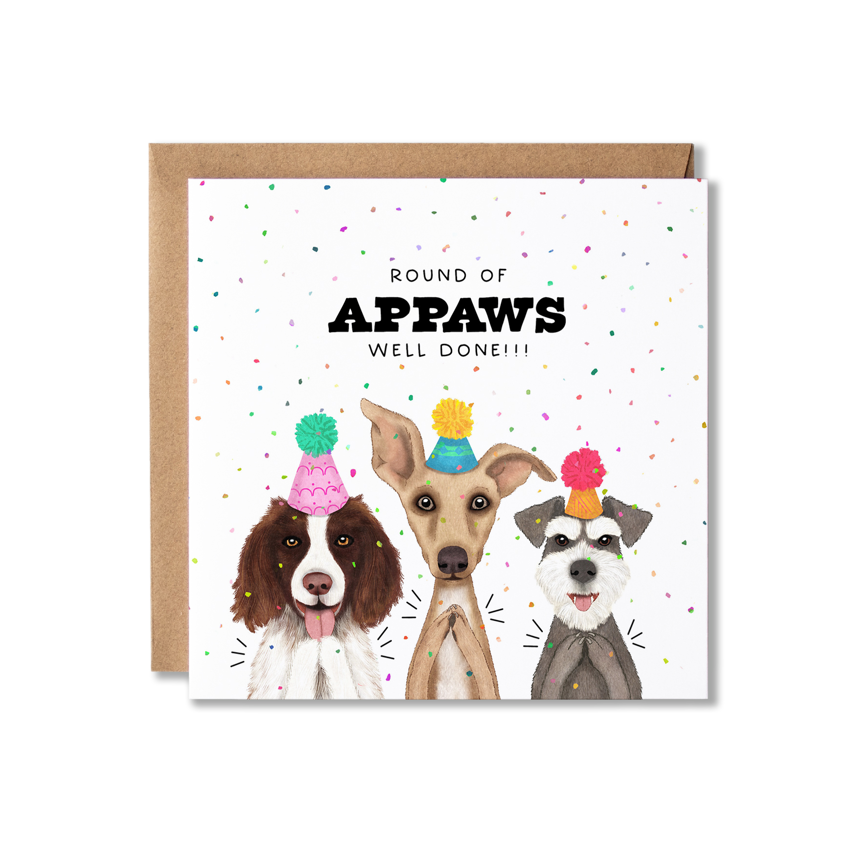 Well Done card with illustration of three dogs in party hats clapping and confetti in the background with the message Round of Appaws Well Done.