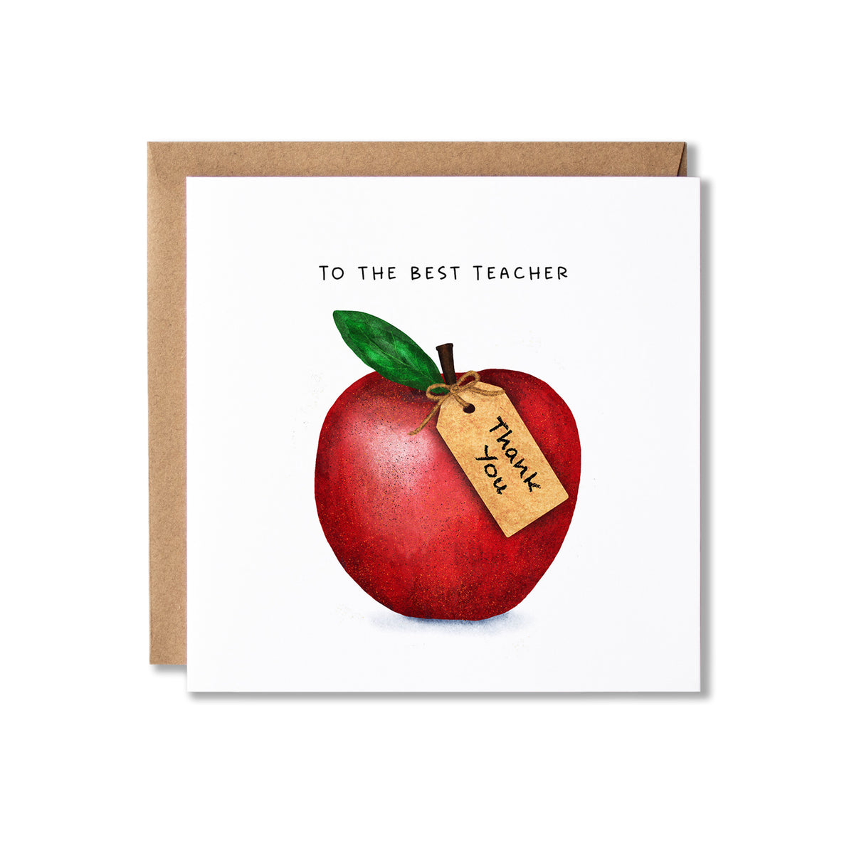 A square white greeting card with a kraft brown envelope behind it, featuring a watercolor-style red apple with a green leaf and a small paper tag that says 'Thank You,' plus the text 'TO THE BEST TEACHER' above it.