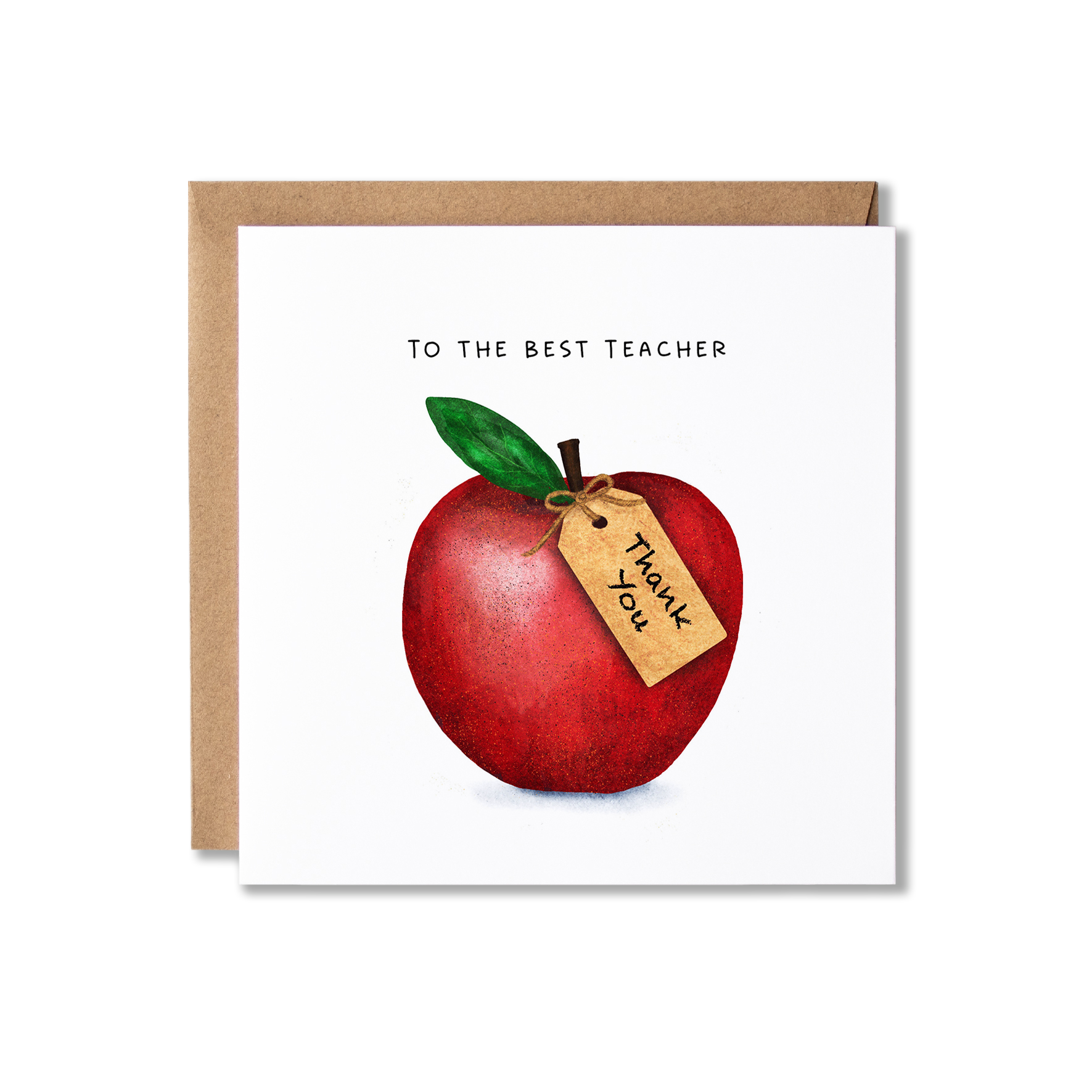 Thank you card with illustration of an apple with a tag on it saying Thank you with the message To the Best Teacher.