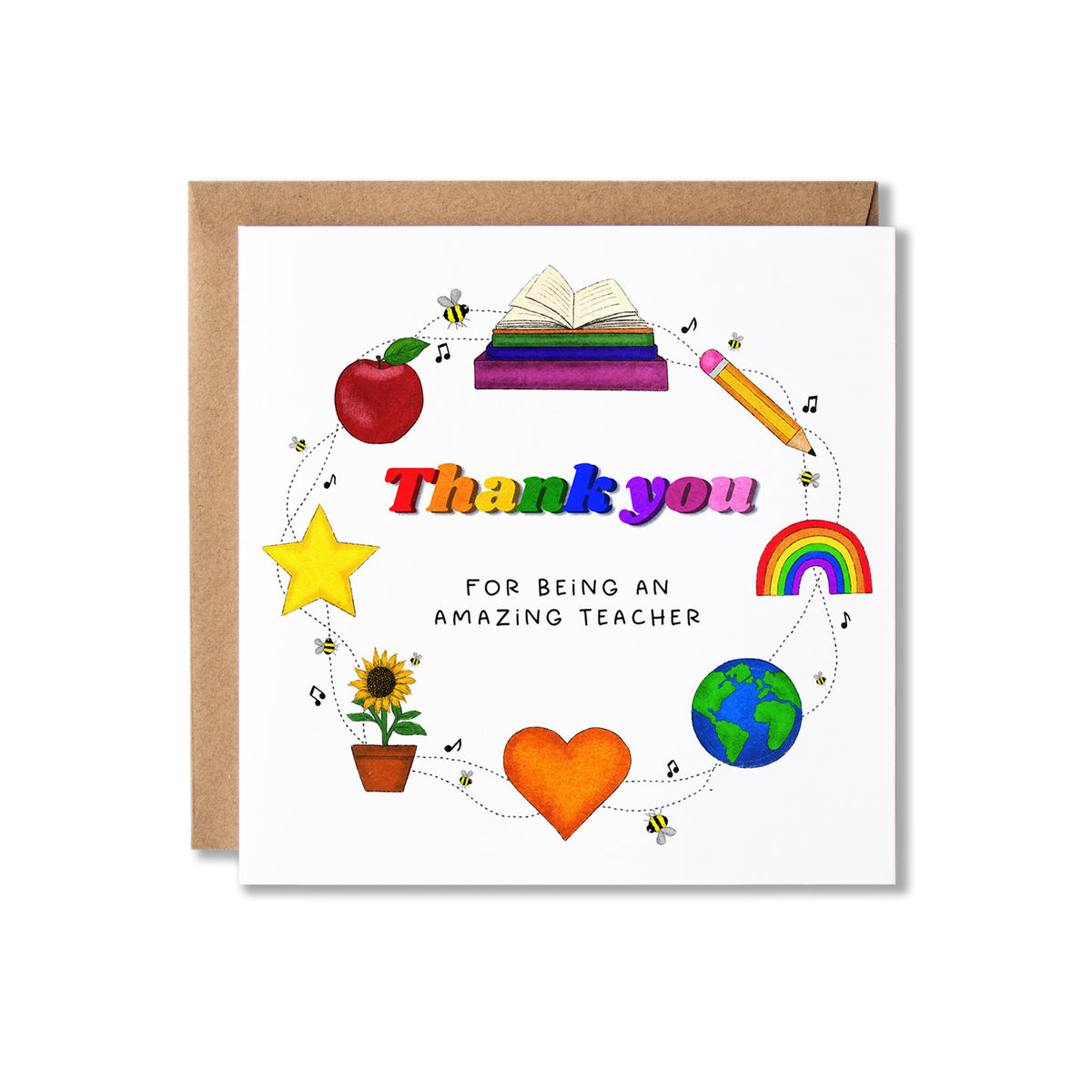 A square white 'Thank you' card with a brown kraft envelope behind it, decorated with colorful school-themed illustrations including an apple, book, pencil, star, sunflower, globe, rainbow, and hearts.