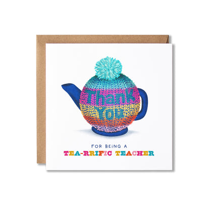A square greeting card with a kraft envelope behind it, featuring a colorful knitted teapot illustration with the words 'Thank You' and the text 'FOR BEING A TEA-RRIFIC TEACHER' below.