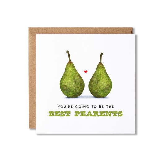 A square greeting card with a kraft envelope behind it, featuring an illustration of two green pears and the text 'YOU'RE GOING TO BE THE BEST PEARENTS' on a white card.