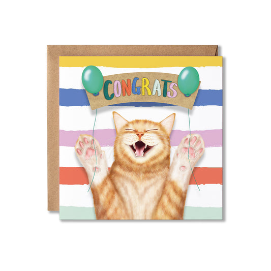 A square congratulations card featuring a cartoon orange tabby cat holding green balloons under a banner that reads 'CONGRATS' in colorful letters, shown with a brown kraft envelope behind it on a white background.