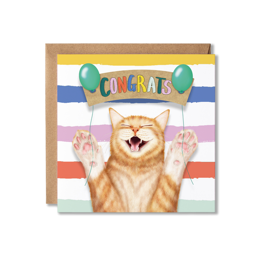 Greeting card with a cat and 'Congrats' banner on a striped background