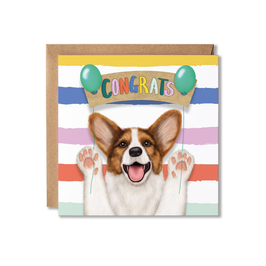 A square greeting card with a brown kraft envelope behind it, featuring an illustration of a Corgi dog holding balloons under a banner that says 'CONGRATS' on a white background.
