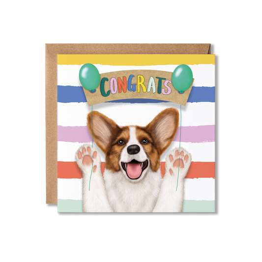 Greeting card with a dog illustration and 'Congrats' text on a striped background