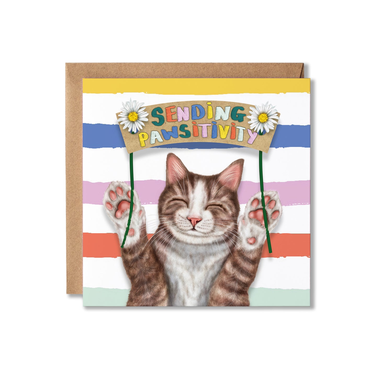 A square greeting card with a brown envelope behind it, featuring an illustrated tabby-and-white cat holding a sign that reads “SENDING PAWSITIVITY.” The card has colourful horizontal stripes and daisy decorations, displayed on a clean white background.