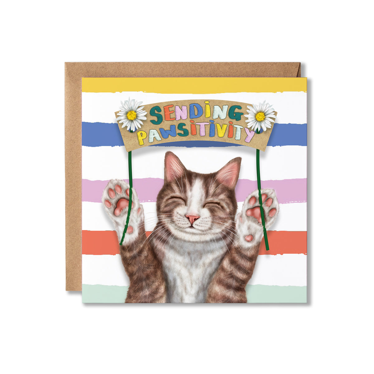 A square greeting card with a brown envelope behind it, featuring an illustrated tabby-and-white cat holding a sign that reads “SENDING PAWSITIVITY.” The card has colourful horizontal stripes and daisy decorations, displayed on a clean white background.