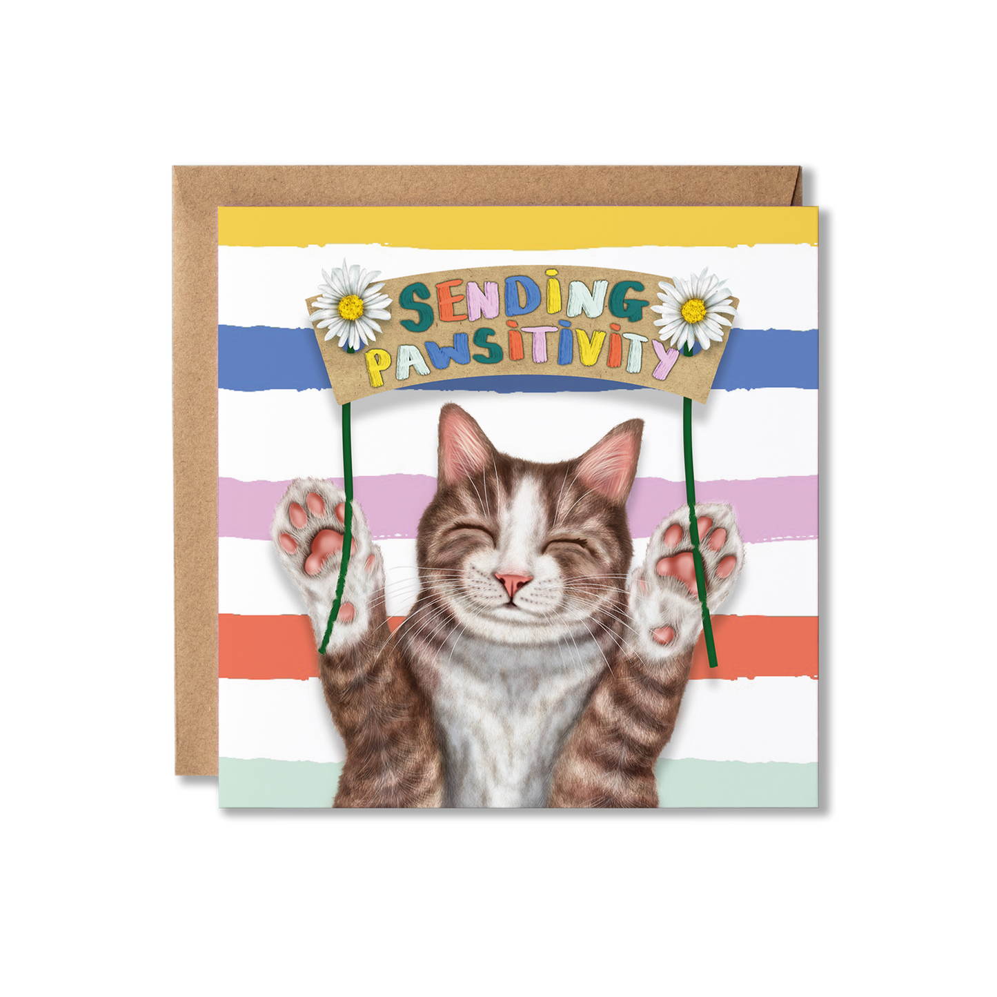Card with a cat illustration and 'Sending Pawsitivity' text on a striped background