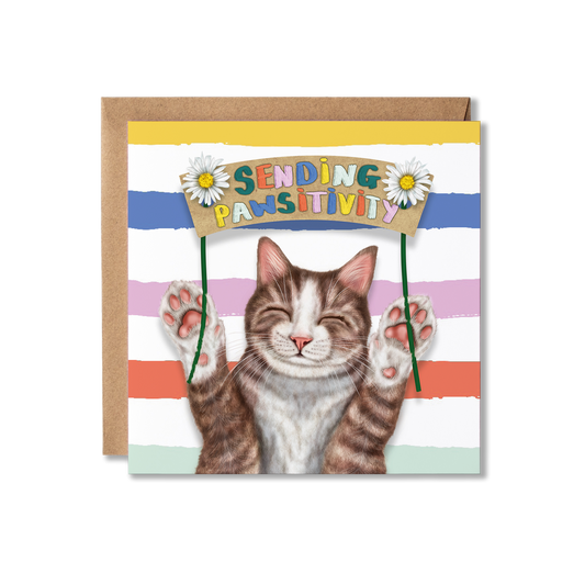 Card with a cat illustration and 'Sending Pawsitivity' text on a striped background