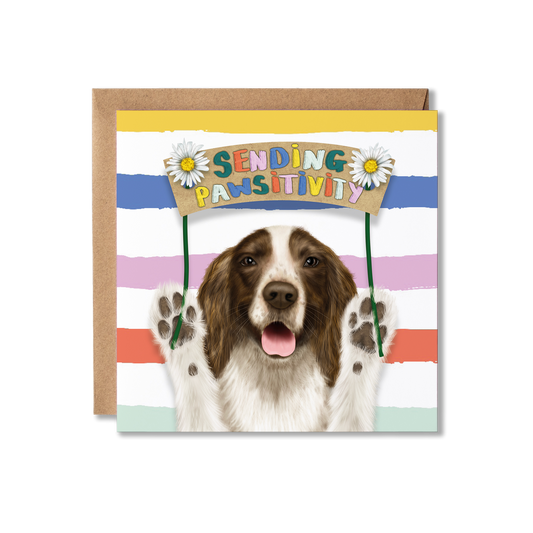 Card with a dog and 'Sending Pawsitivity' text on a colorful striped background