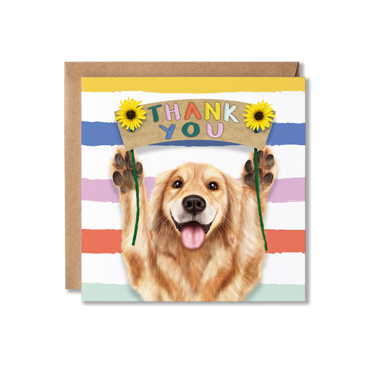 Greeting card with a Golden Retriever dog holding a 'Thank You' sign on a striped background