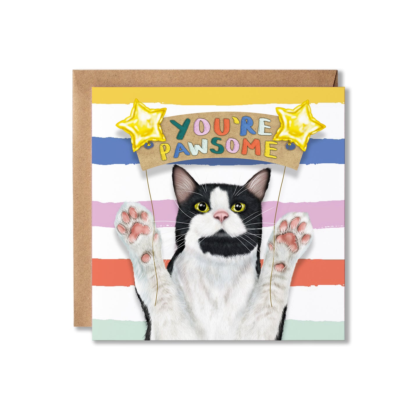 A square greeting card featuring a black-and-white cat with paws raised, holding a banner that reads 'YOU'RE PAWSOME,' set against pastel horizontal stripes. A brown kraft envelope is placed behind the card on a white background.