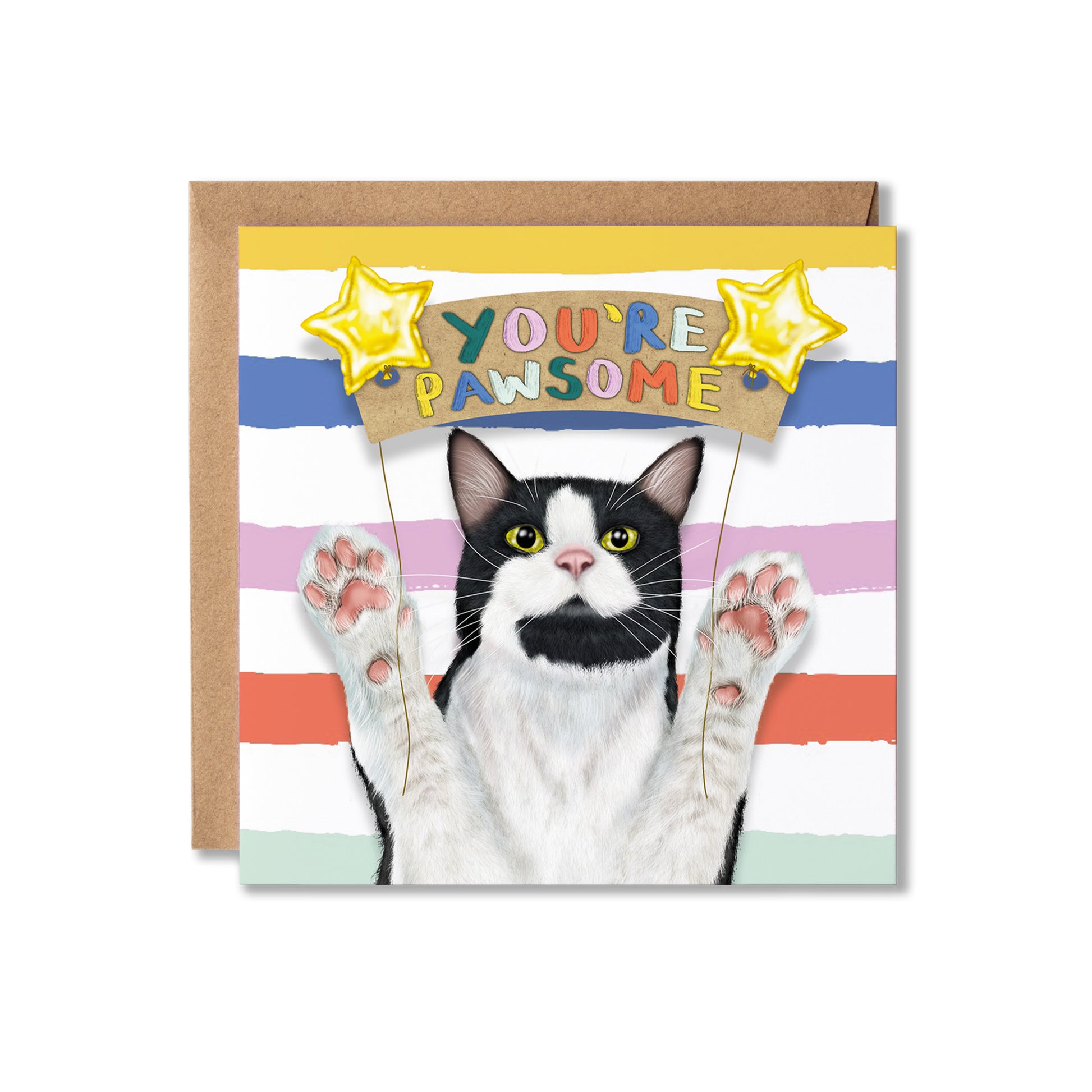 A square greeting card featuring a black-and-white cat with paws raised, holding a banner that reads 'YOU'RE PAWSOME,' set against pastel horizontal stripes. A brown kraft envelope is placed behind the card on a white background.