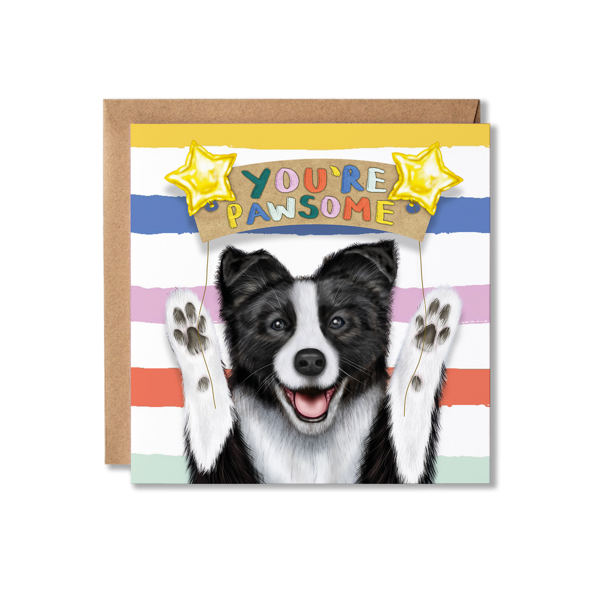 Card with a black and white Border Collie dog illustration and 'You're Pawsome' text on a striped background