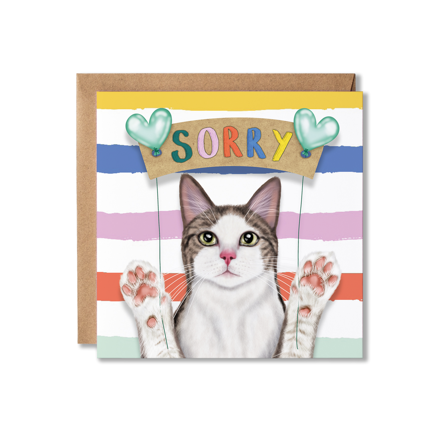 Card with a cat illustration and 'Sorry' text on a striped background