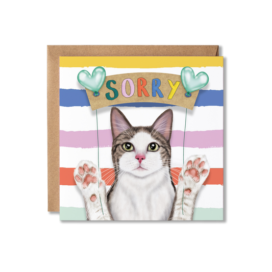 Card with a cat illustration and 'Sorry' text on a striped background