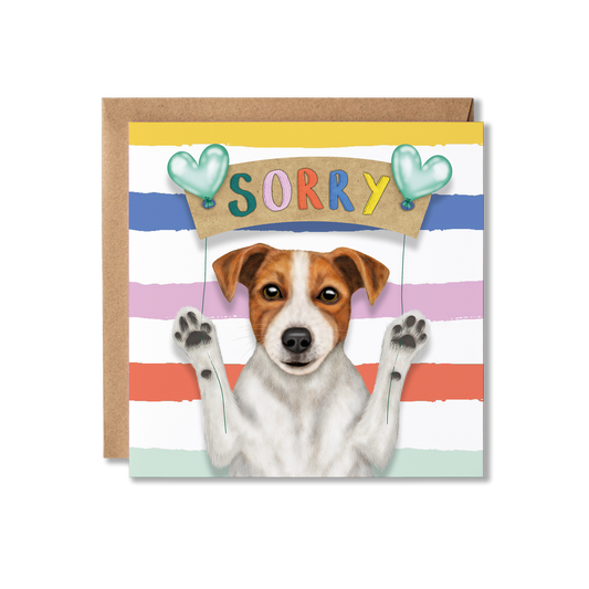 Card with a Jack Russell dog illustration and 'Sorry' text on a striped background