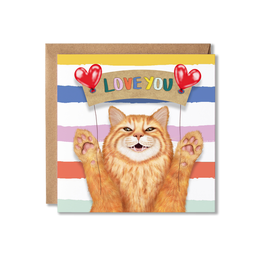 Greeting card with a cat illustration and 'Love You' text on a striped background