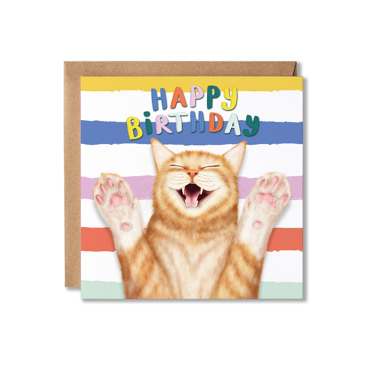 Birthday card with a cat and colourful 'Happy Birthday' text on a striped background