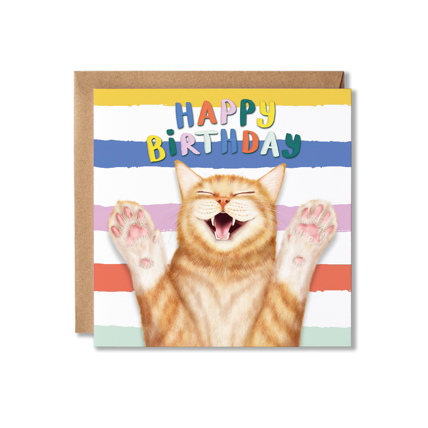Birthday card with a cat and colorful 'Happy Birthday' text on a striped background
