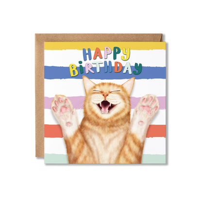 Birthday card with a cat and colorful 'Happy Birthday' text on a striped background