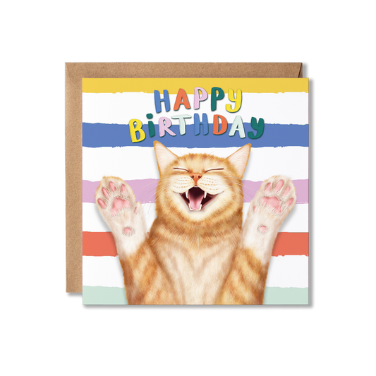Birthday card with a cat and colorful 'Happy Birthday' text on a striped background