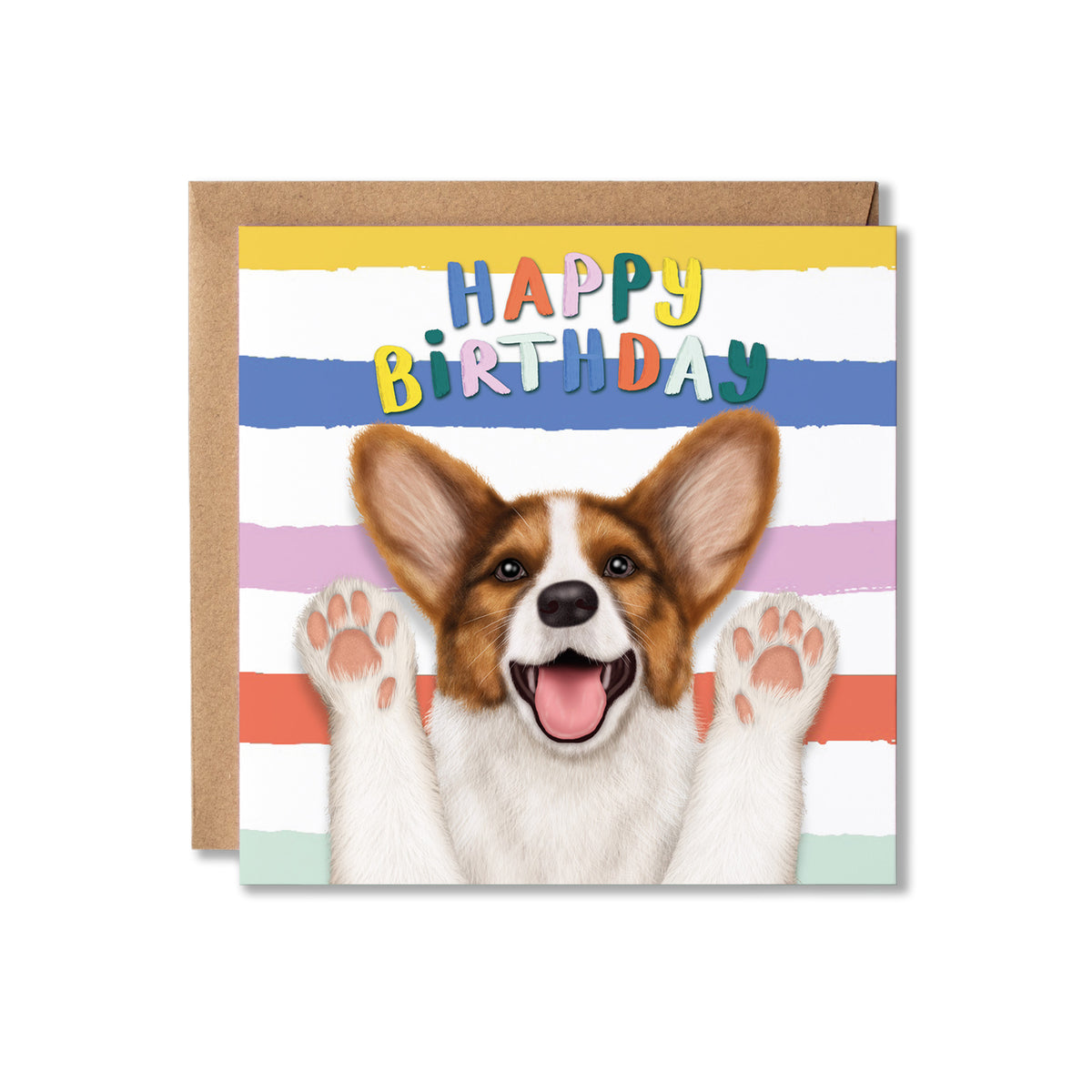 Birthday card with a corgi dog and colourful 'Happy Birthday' text on a striped background.