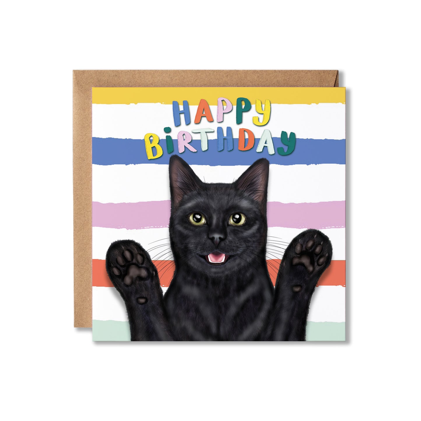Birthday card with a black cat illustration and colourful 'Happy Birthday' text on a striped background.