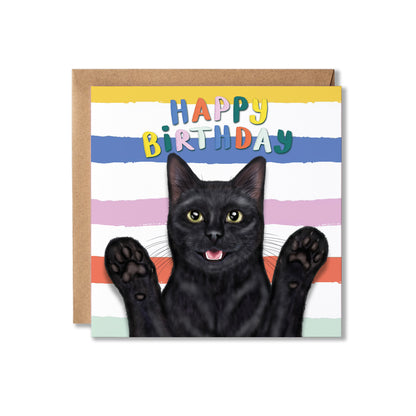 Birthday card with a black cat illustration and colourful 'Happy Birthday' text on a striped background.